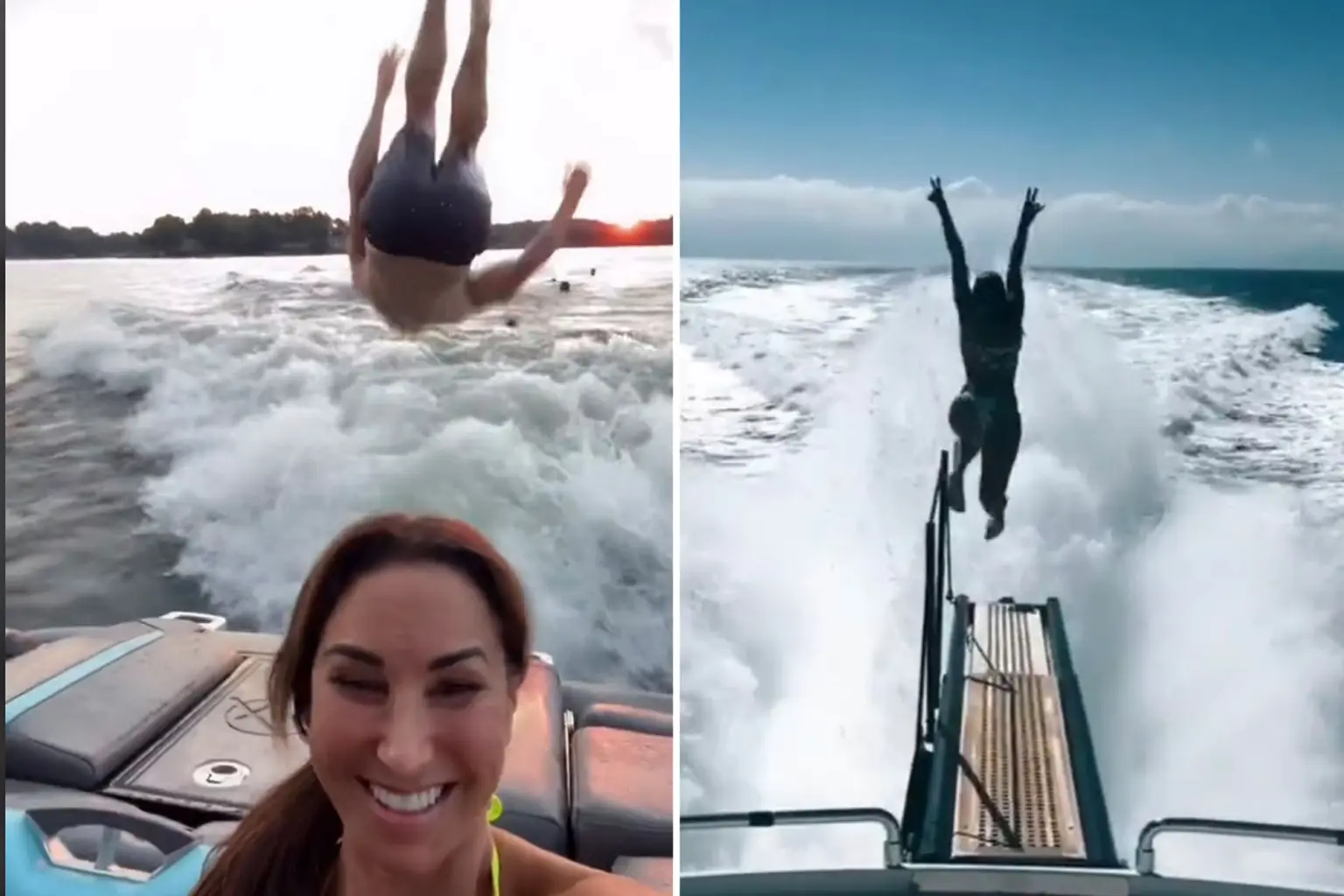 Thrill seekers jumping off back of moving boat